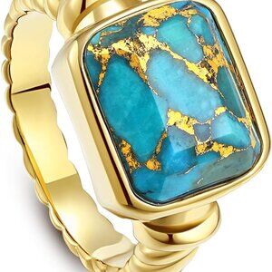 Women's 14K Gold Plated Statement Rings Emerald Cut Teal Turquoise/Rose Quartz C